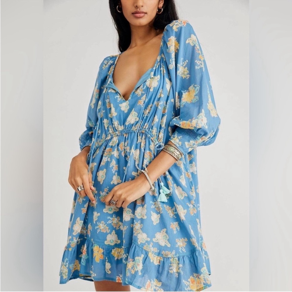 NWT Free People Camella Mini Dress River Combo Blue Floral Q18